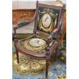 A FRENCH EMPIRE STYLE MAHOGANY OPEN ELBOW CHAIR by Loidrault of Paris the square back with half
