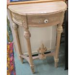 An ornate demi lune table with single drawer, 83cm high x 61cm wide x 33cm deep Condition Report: