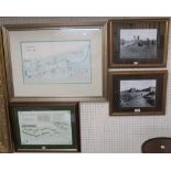 A map print of Prestwick golf course, Troon golf course, two pictures of St Andrews golf course