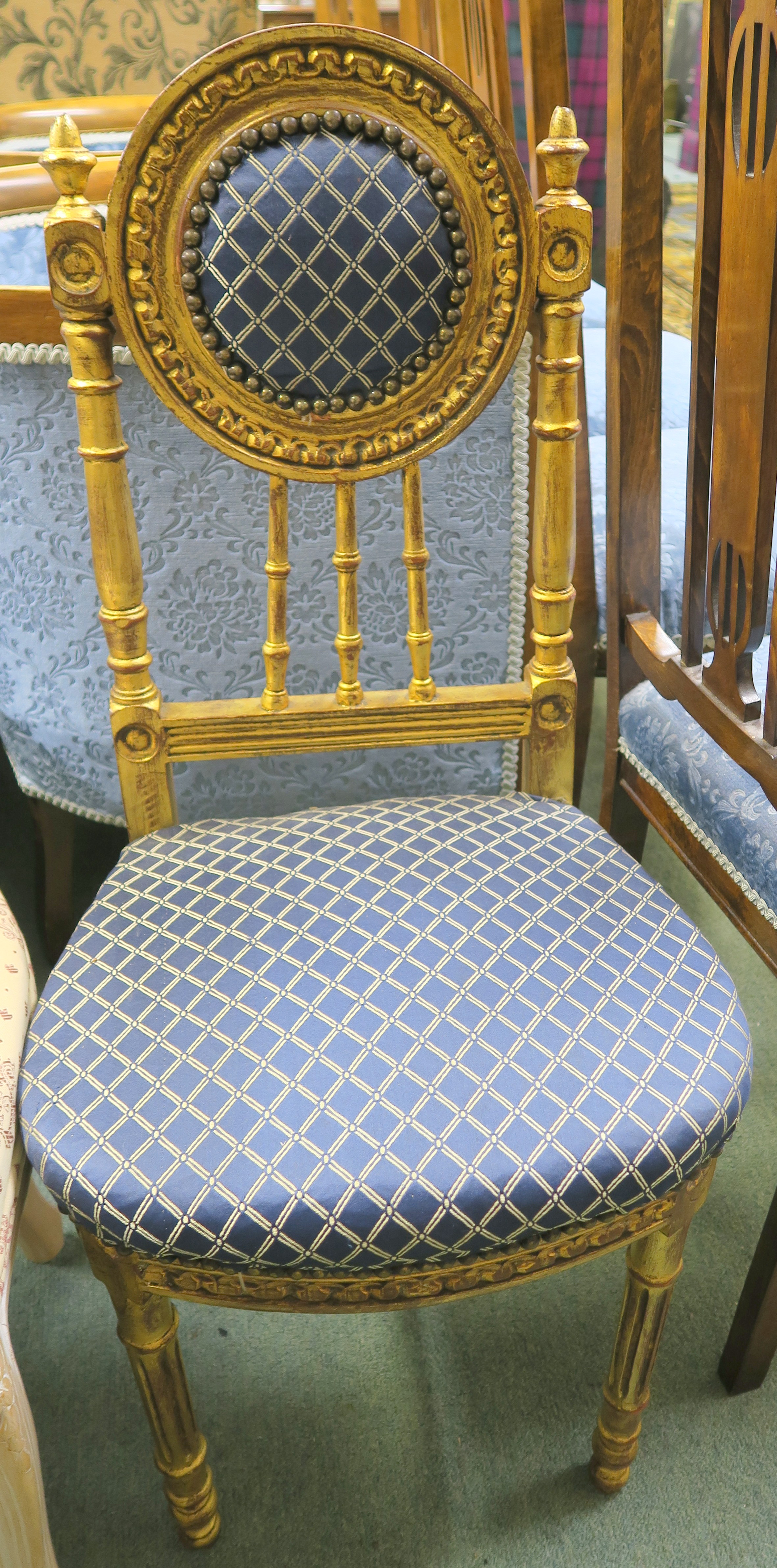 A pair of gilt parlour chairs with blue upholstery and a French style chair (3) Condition Report: - Image 2 of 2