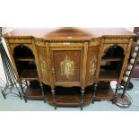 A Victorian rosewood sideboard with inlaid doors and open shelves, 101cm high x 138cm wide x 44cm