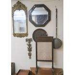 A gilt wall mirror, oak mirror, bed pan, rosewood fire screen and gilt wall hanging (5) Condition