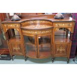 A Victorian rosewood inlaid sideboard with bow front glazed doors flanked by two drawers, open