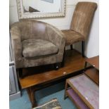 A brown vinyl tub chair, bedroom chair and a large coffee table (3) Condition Report: Available upon