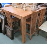 A high teak table breakfast table 103cm high x 138cm wide x 140cm deep with six teak bar chairs with