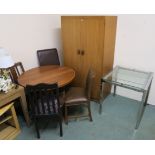 A metal and glass table, mid Century wardrobe, four chairs and a dining table (7) Condition