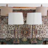 Two pairs of modern table lamps and a brass candle stand (5) Condition Report: