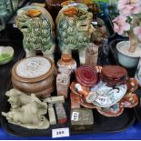 A collection of Chinese items including a pair of glazed fo dogs, carved stone seals, Kutani pot and