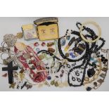 A collection of vintage costume to include jet, black glass, green gem earrings etc Condition