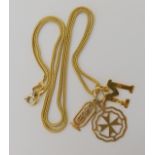 An 18ct gold herringbone chain, length 42cm (clasp not gold) with three 18ct gold pendants weight