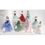 Eight Royal Doulton figures including Heather, Faye, Emily, Becky, Molly, Emily, Loving Thoughts,