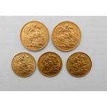 Two gold full sovereigns, 1912, 1913 with three gold half sovereigns, 1910, 1912 and 1915 (5)