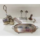 A lot comprising an EP decanter stand, candlesticks, snuffer, castor, silver oval tray etc