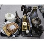 Assorted frames, a metal urn, a gilt resin rams heads, a metal vase and other items Condition