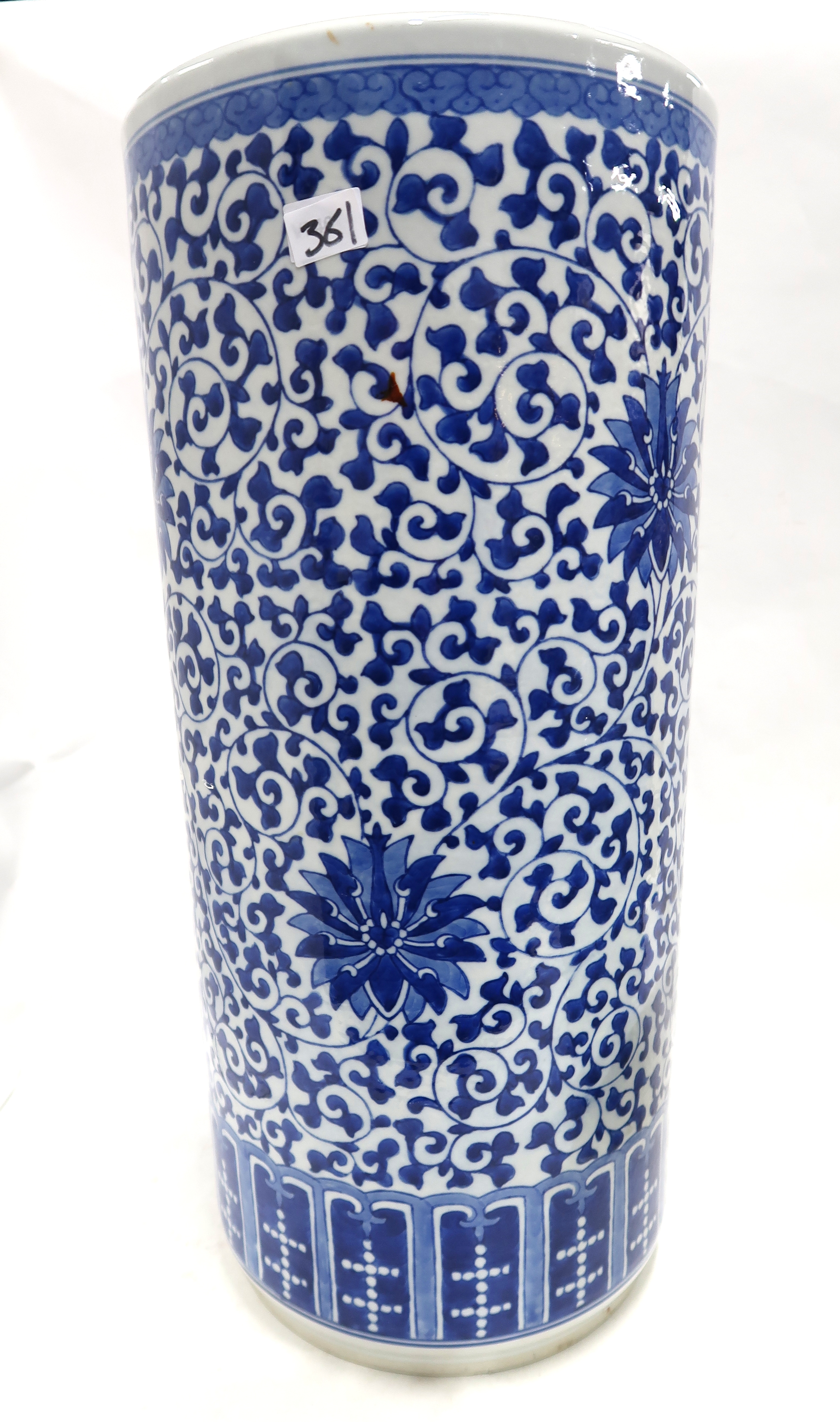 A Chinese green glazed stool, 23cm high, a blue and white umbrella stand and a painted food - Image 2 of 6