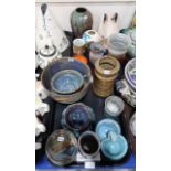 A collection of glazed studio pottery including pieces from Colorado, a Raku glazed vase and other
