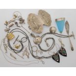 A collection of silver and white metal items to include a blue glass posy brooch, agate and green