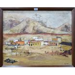 PAT DOZIER Mountain village, signed, oil on canvas, dated, 4/67, 61 x 76cm another and three