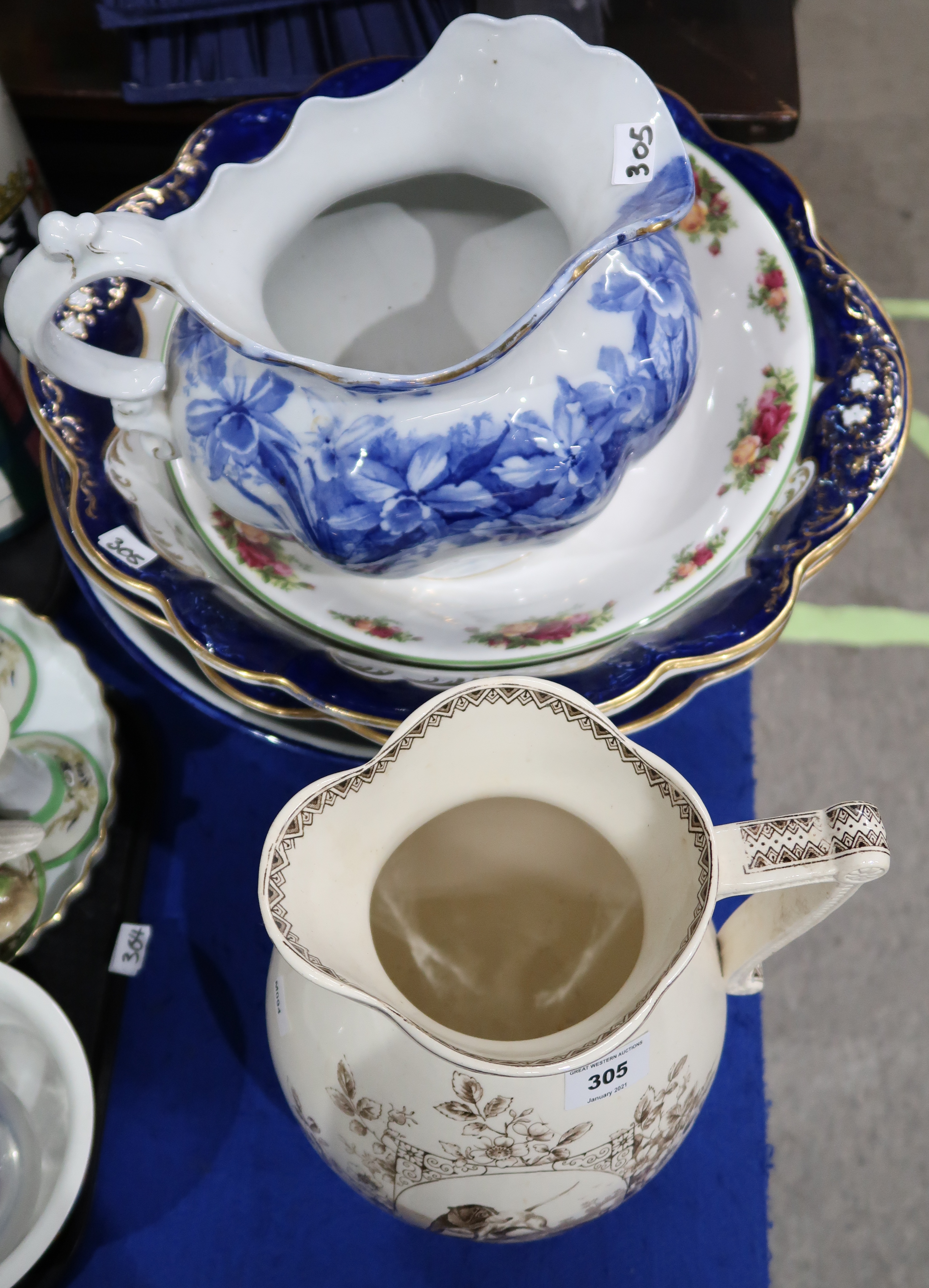 Two Crescent china blue and white washbowls, a Royal Albert Old Country Roses bowl, a Foley