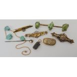 A 9ct gold turquoise set bar brooch, length 6.5cm, three yellow metal brooches one set with