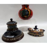 A Doulton Lambeth inkwell, a Royal Crown Derby trinket box and a Poole pottery vase Condition
