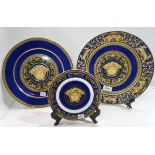 Two large Rosenthal Versace Medusa blue plates, 31cm diameter with boxes and another smaller 18cm