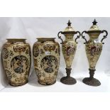 A pair of decorative ceramic urns and covers, 41cm high and a pair of cherub decorated vases, 30
