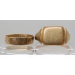 A 9ct gold signet ring size V, a 9ct gold wedding ring size L1/2, weight combined 6.3gms Condition