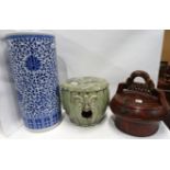 A Chinese green glazed stool, 23cm high, a blue and white umbrella stand and a painted food