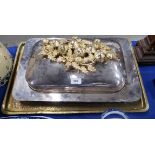 A large silver plated serving dish with gilded fruit handle, with glass liner, 51cm long Condition
