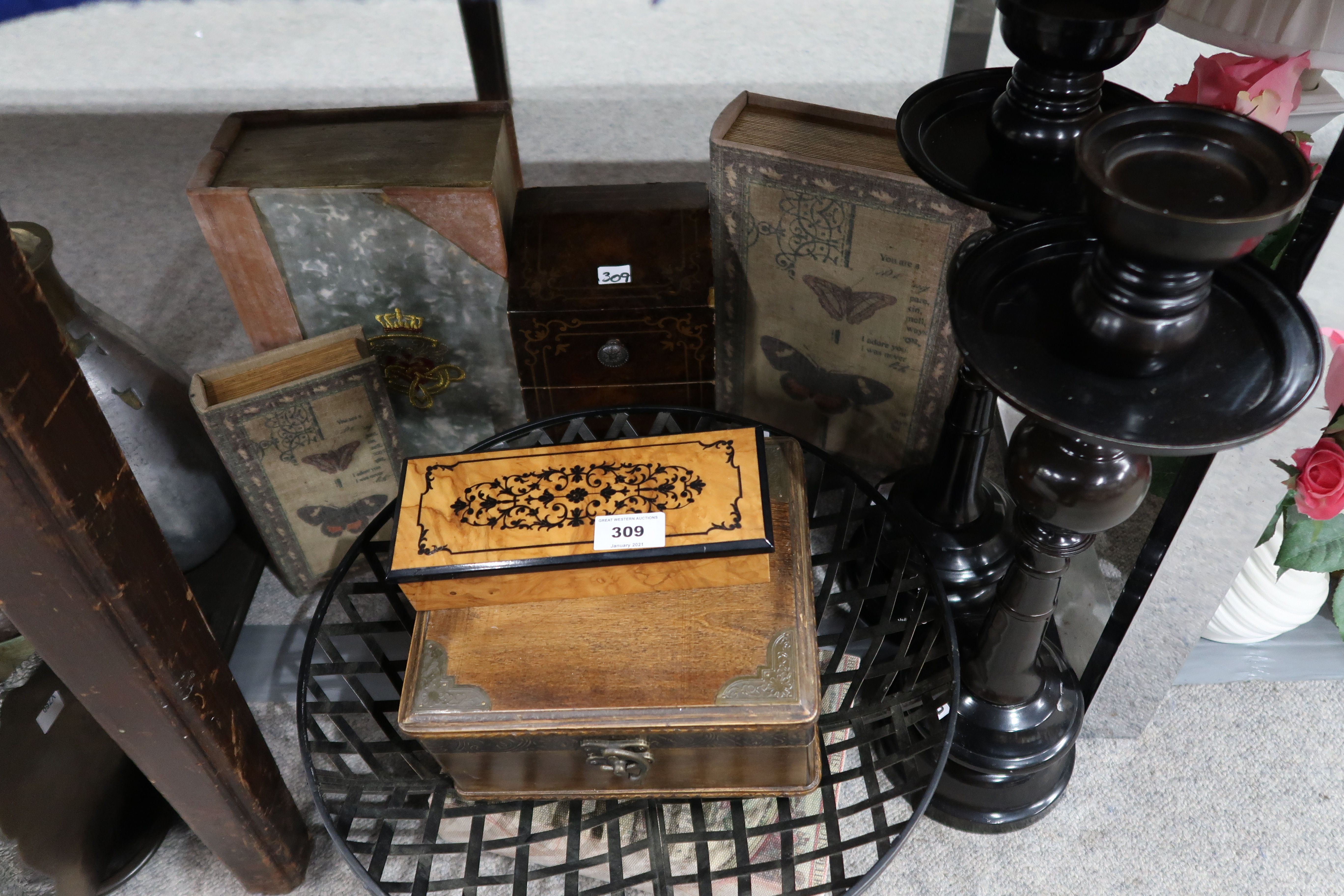 A pair of pillar candlestands, assorted book boxes, other boxes etc Condition Report: Not