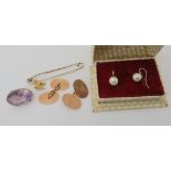 A pair of 9ct gold cufflinks, a 9ct bar brooch, amethyst brooch and a pair of pearl earrings, weight