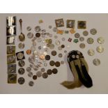 A lot comprising a quantity of mixed coins, an EP tea caddy and a child's sporran (def) Condition