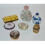 An inside painted scent bottle, another scent bottles various decorative pill boxes etc Condition