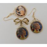 Three enamelled 1930's five cent coins in 9ct gold pendant mounts one with a 9ct bow brooch the