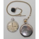 A silver pocket watch together with a steel Omega pocket watch, silver fob seal and metal chain