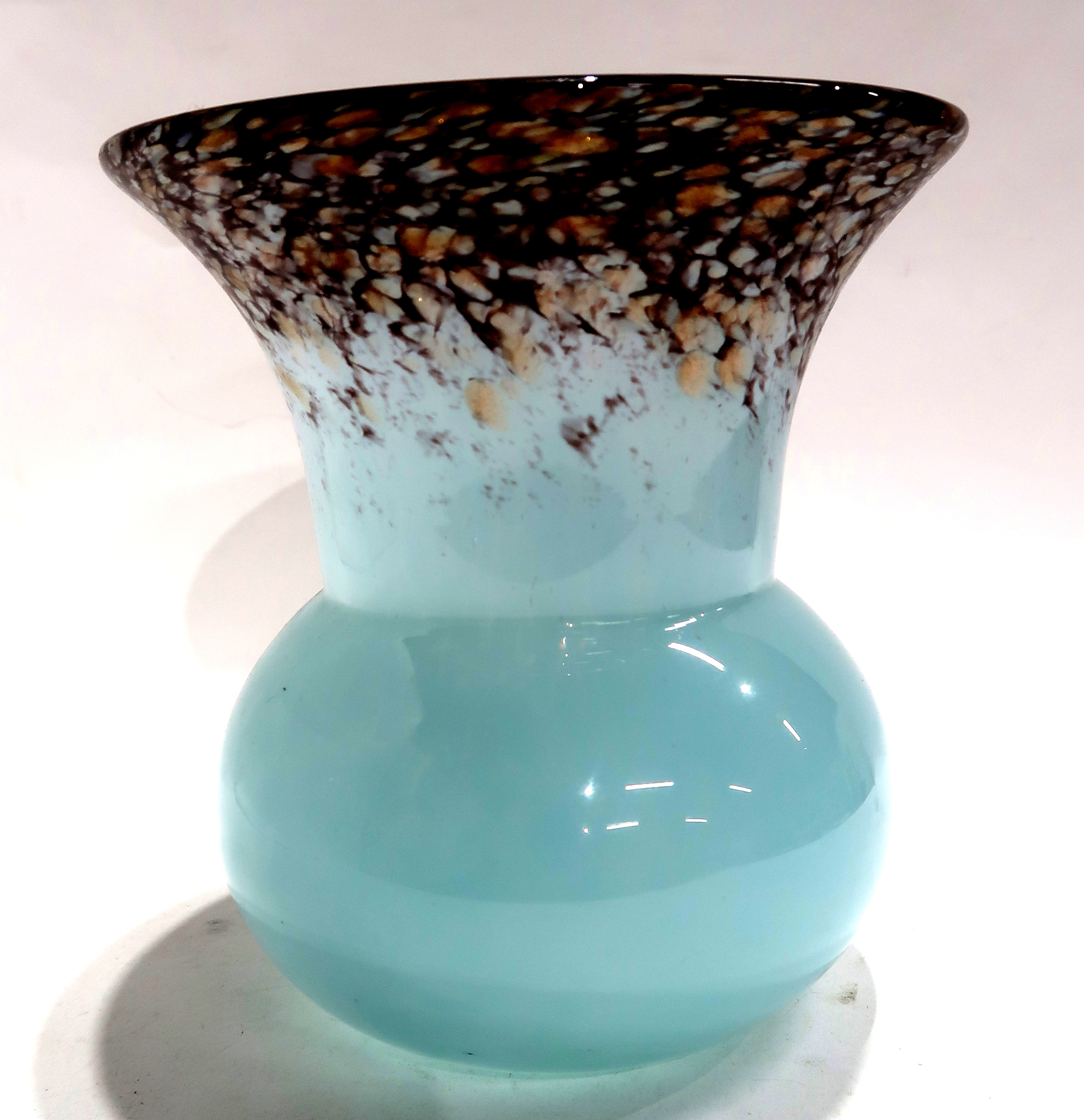 A blue Monart glass vase with aventurine and purple speckles, 18cm high Condition Report: nice