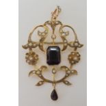 A 9ct gold purple paste and pearl Edwardian pendant brooch, dimensions 5.3cm x 3cm, weight 4.1gms