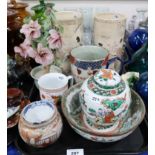 A pair of Satsuma vases, a small pot, a blue and white teabowl and other items Condition Report: