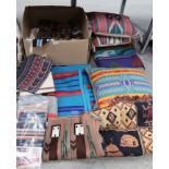 Two Beaver State blankets, Native American cushions, table covers etc Condition Report: Not