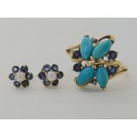 A 9ct gold turquoise and iolite ring size V1/2 and a pair of sapphire and pearl flower earrings