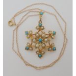 A bright yellow metal turquoise and pearl Edwardian pendant brooch and 9ct chain length of chain