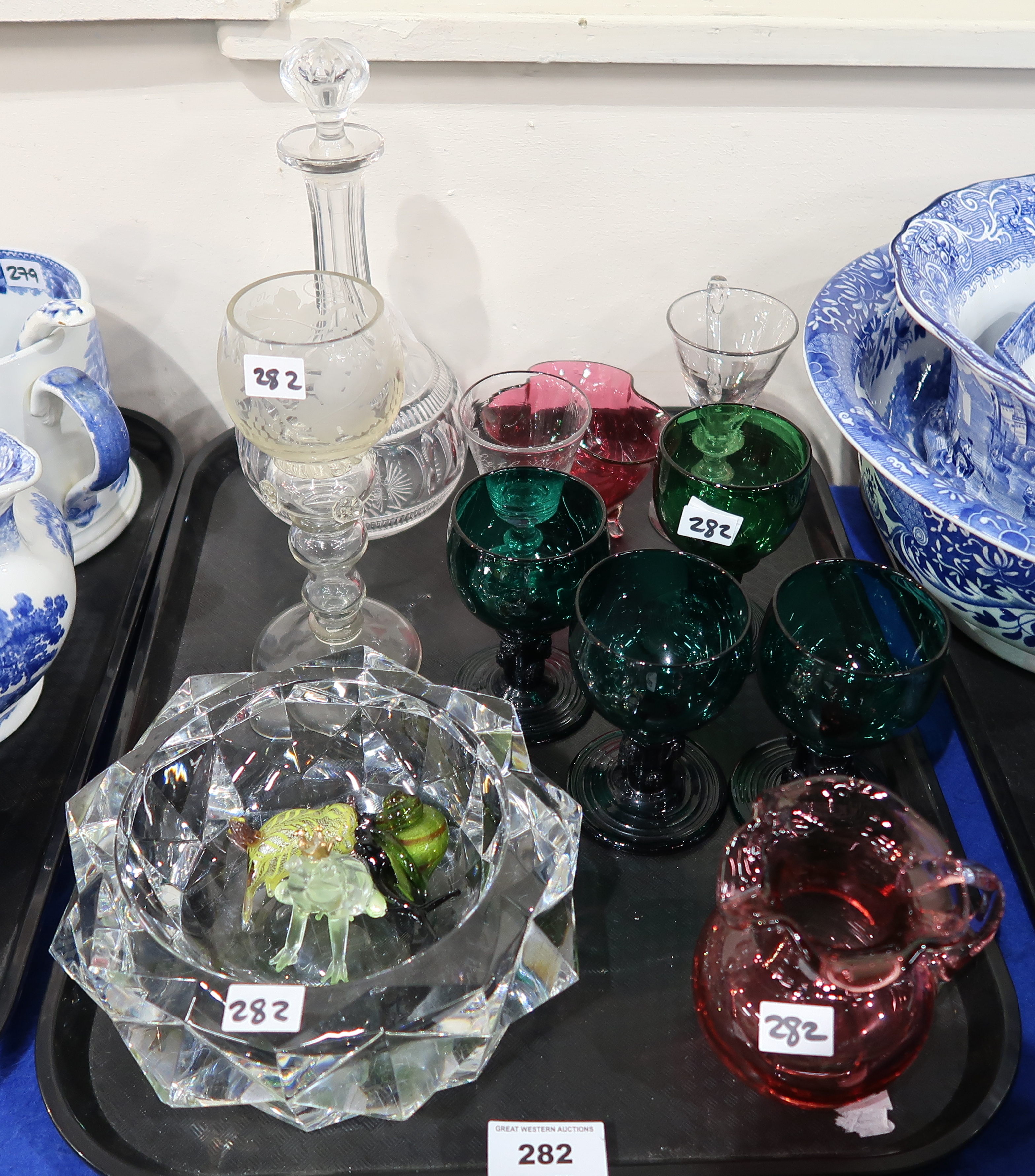 A collection of antique glass including a wine glass marked Elizabeth Cocksworth, Woodmansey 1838,