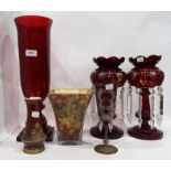 A Sevres red glazed vase with ormolu mounts, a pair of ruby glass lustres, a ruby flashed and etched