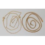 A 9ct gold vintage belcher chain, length 43cm, together with a 9ct cable chain (af) length 45cm