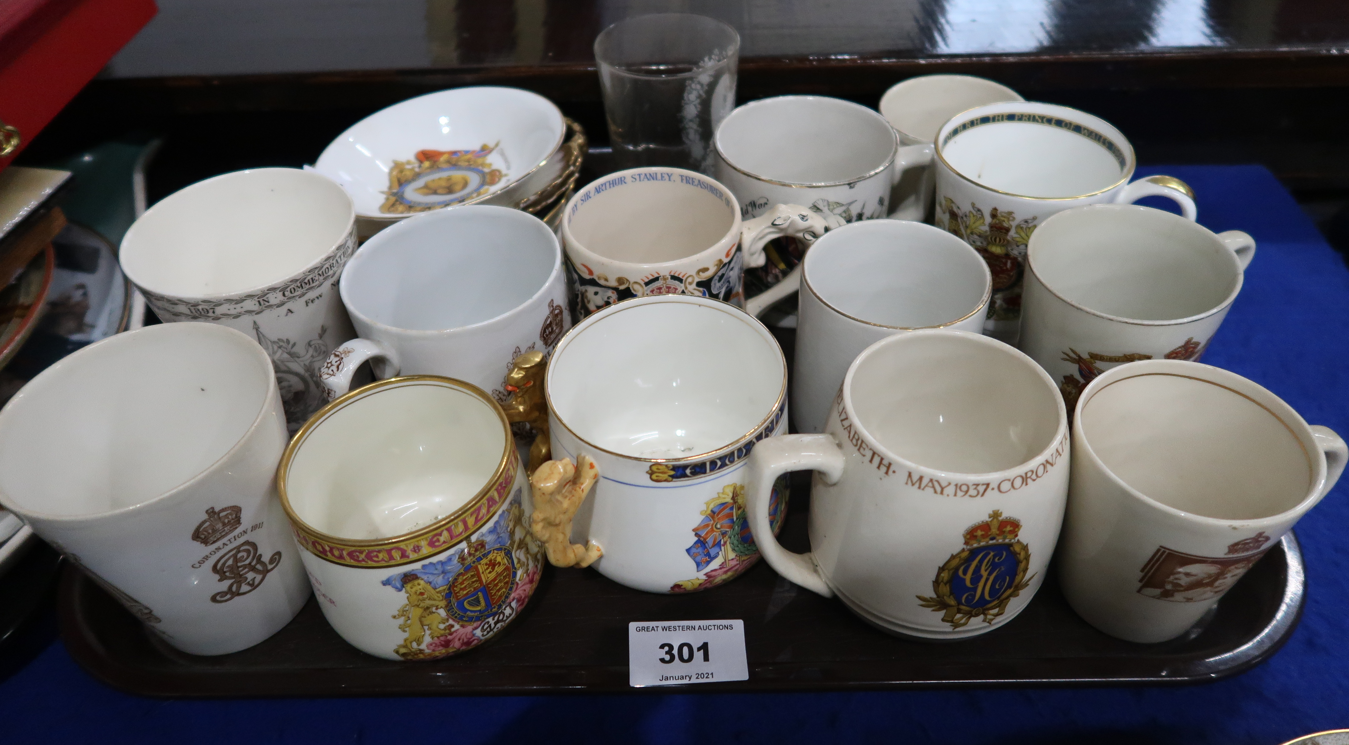 A Dame Laura Knight 1937 Coronation mug, other commemorative mugs, dishes etc Condition Report: