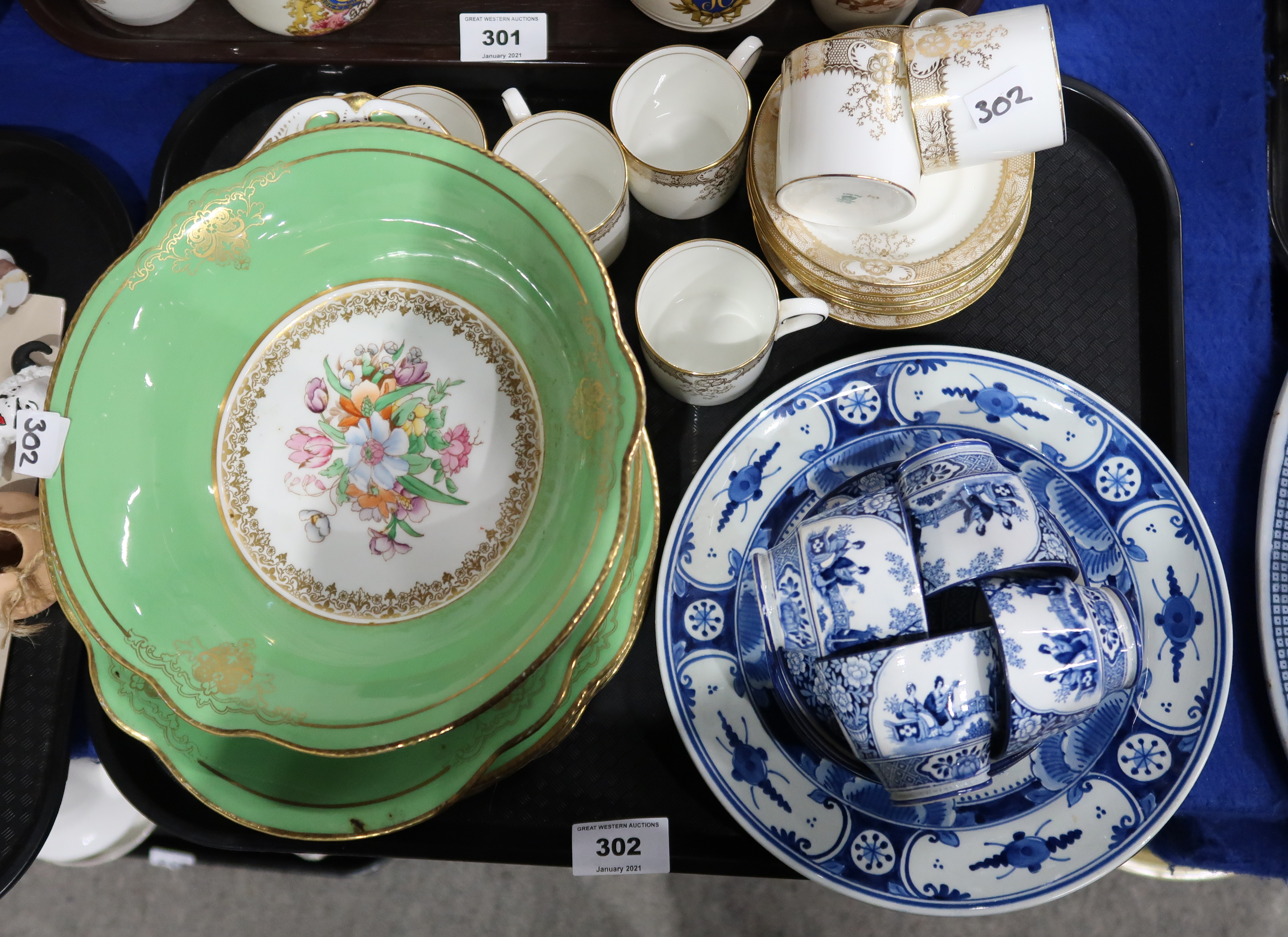 An Adderley Ware dessert set in Bouquet pattern, Booths blue and white cups and saucers, Delft plate