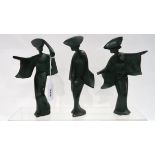 Three verdigris bronze sculptures of Geishas, 18cm high Condition Report: Available upon request