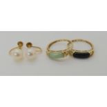 A pair of 18ct gold pearl screw on earrings, weight 2.9gms two 10k gold diamond onyx or green