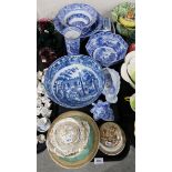 A Pratt pot lid, a Spode pickle dish, a blue and white transfer printed bowl decorated with cows
